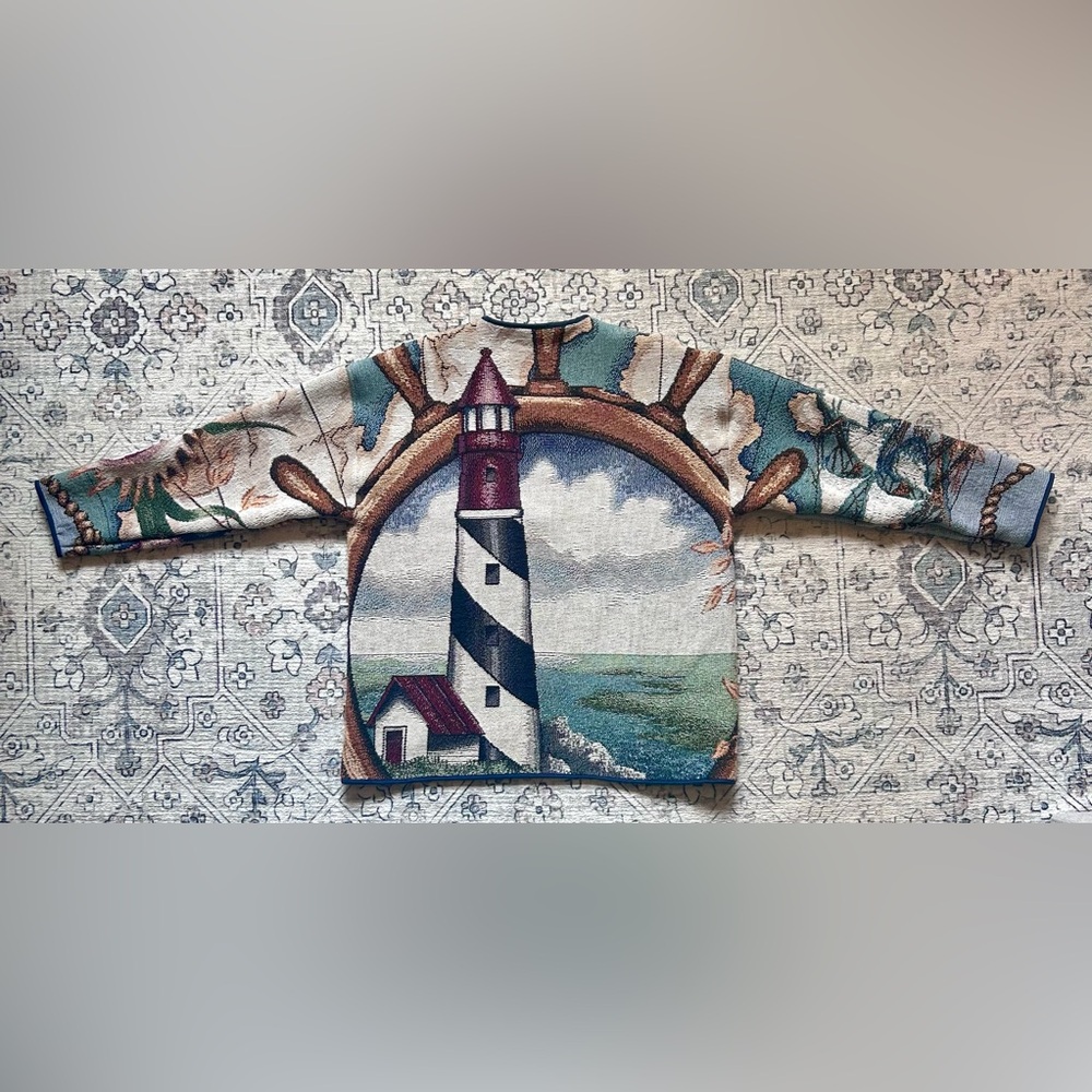 Handmade Upcycled Nautical Lighthouse Blanket Tapestry Jacket - Picture 2 of 5